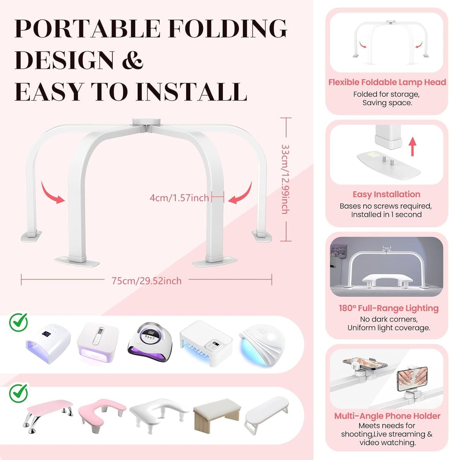 Half Moon Light for Nail Desk: 180 ° Shadow-Free Arc Light For Manicurist | 29" Foldable Half Moon Desk Lamp With Phone Holder - 3 Color Mode & 10 Brightness - Provide a Bright Work Area For Nail Tech
