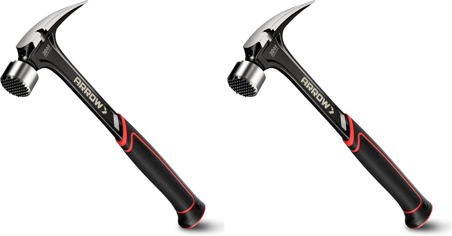 ARROW 20 oz Straight Claw Hammer with Magnetic Nail Holder, Side Nail Puller, Rip Claw Hammer with Milled Face & Shock Absorbing Grip, Heavy Duty One-piece Forged Hammer (Pack of 2)