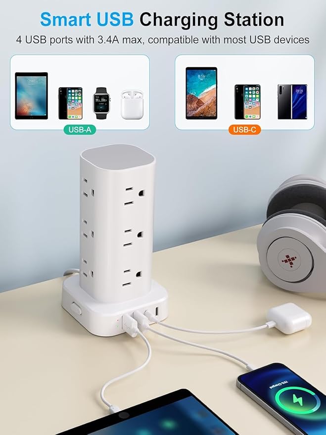 Power Strip Tower with Multiple Outlets, Flat Plug Surge Protector Tower - Image 4