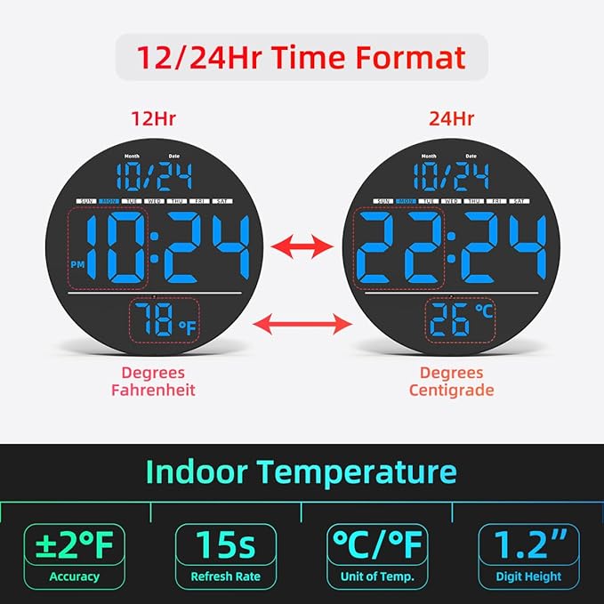 Digital Wall Clock with Large LED Display, Temperature, Auto-Brightness | Small - Image 5