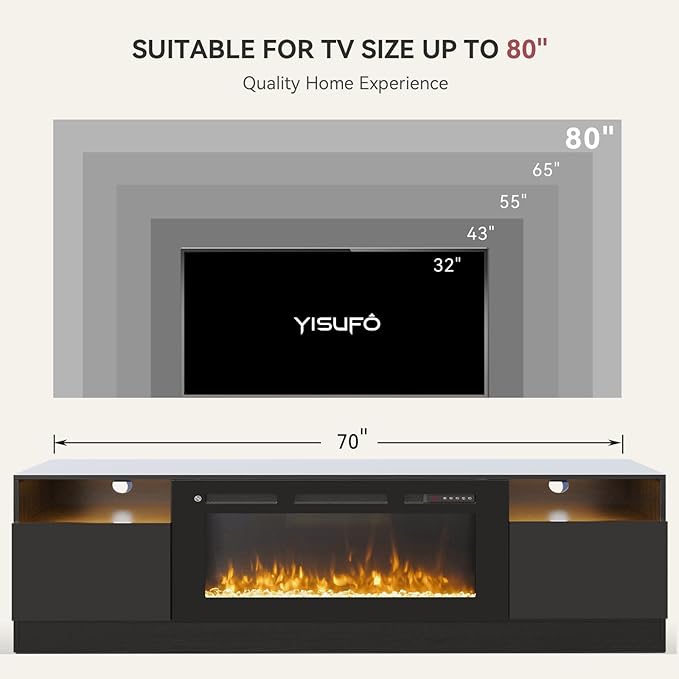 YISUFO 70" TV Stand with 36" Electric Fireplace, Large Modern Media - Image 6