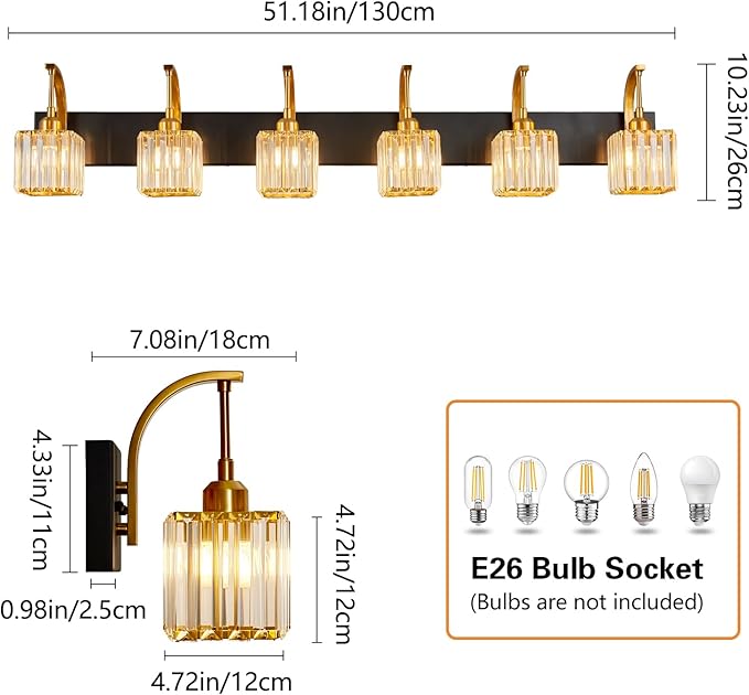FDPBY Crystal Vanity Lights 6-Light Black Gold Bathroom Vanity Lights Modern - Image 4