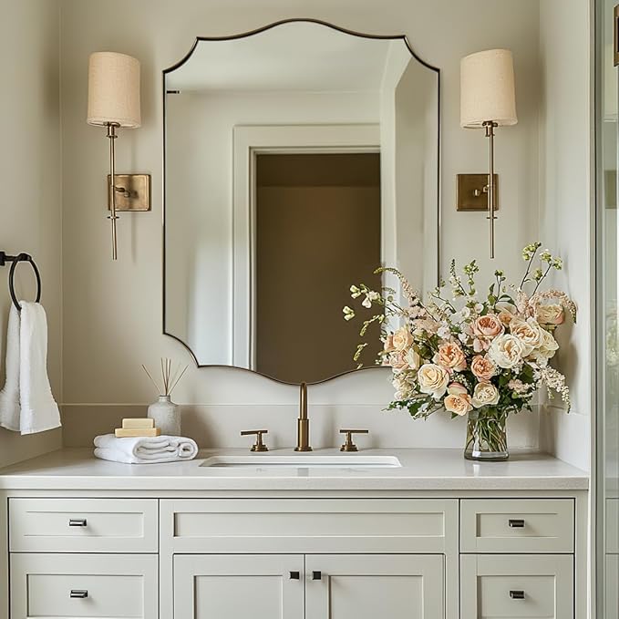 ANDY STAR 30"x40" Brushed Gold Bathroom Mirror, Large Rectangle Scalloped Mirror by ANDYSTAR