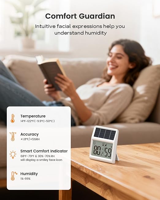 Digital Indoor Thermometer & Hygrometer, Light Powered Solar Indoor Temperature - Image 5