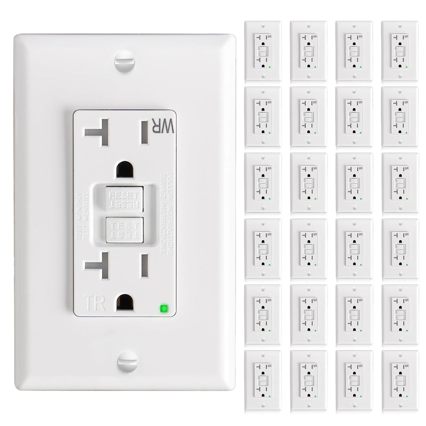 Amico GFCI Outlet 20 Amp, White, 24 Pack, Weather Resistant(WR) | ETL listed, self-test with LED indicator, thinner design, indoor or outdoor, plates and screws included