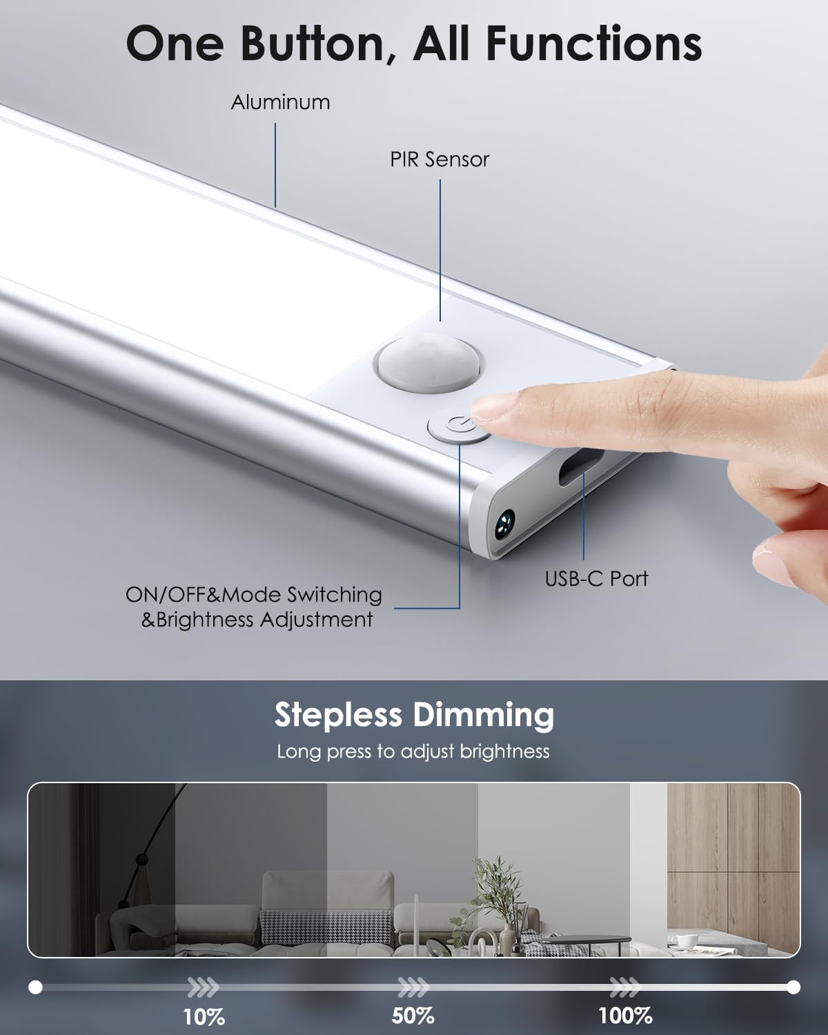 VerRon 5-Pack Under Cabinet Lighting, Upgraded 2200mAh Rechargeable Under Cabinet Lights Wireless, LED Motion Sensor Light Indoor Closet Lights Under-Counter Light Fixtures for Kitchen, Hallway, 10in