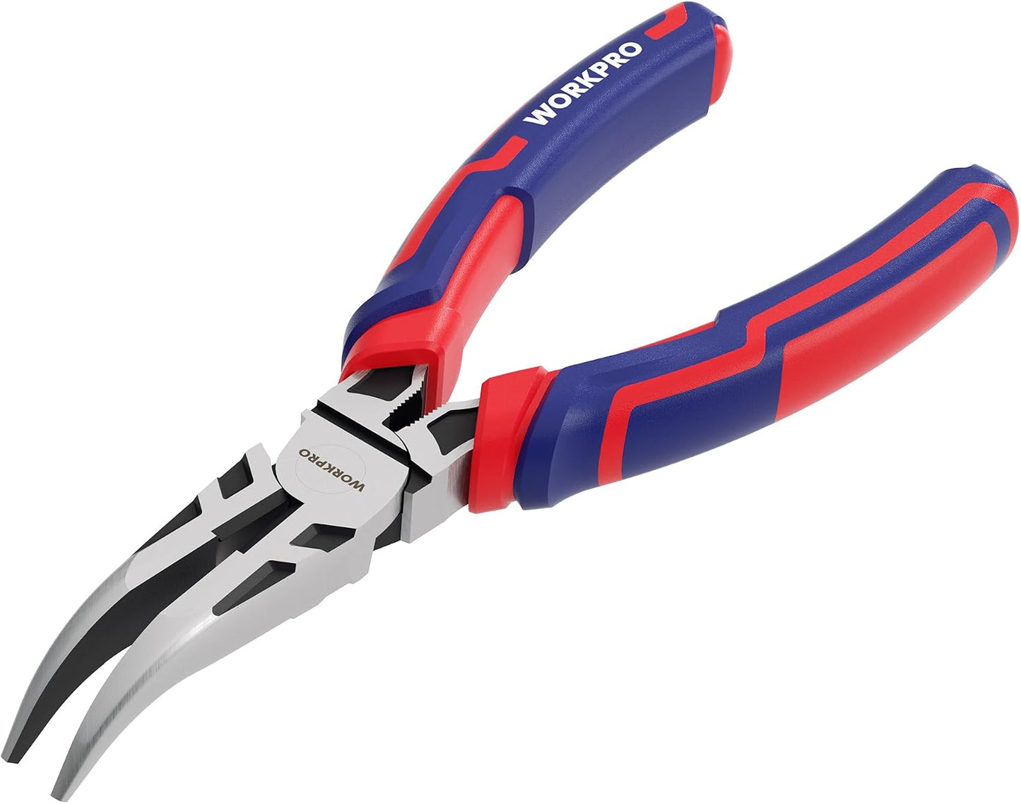 WORKPRO Premium 6" Bent Needle Nose Pliers(Smooth Jaw), Paper Clamp Precision, Heavy-Duty CRV Steel, Soft Grip with Wire Cutter, Long Nose Cutting Pliers