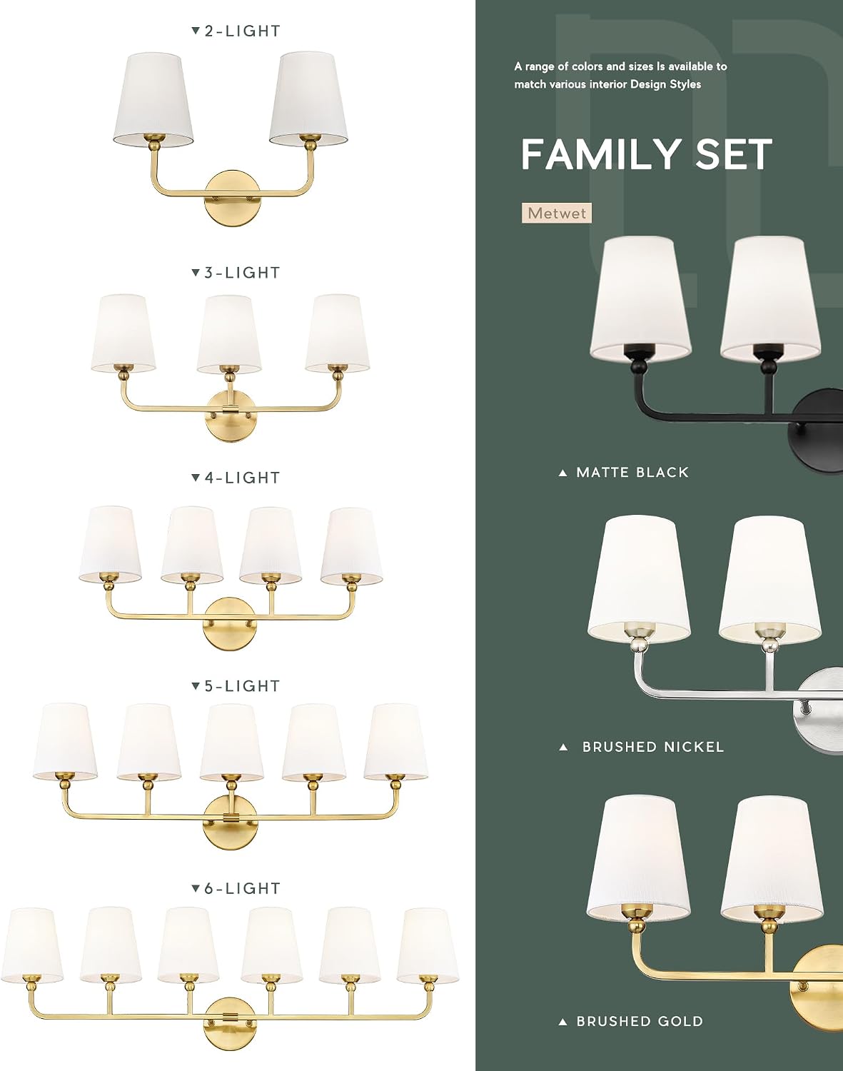 3-Light Brushed Gold Bathroom Vanity Light, White Fabric Shades | 24.5" bathroom light fixtures over mirror, upward only, E26 base, bulbs not included, VL837-BG-3