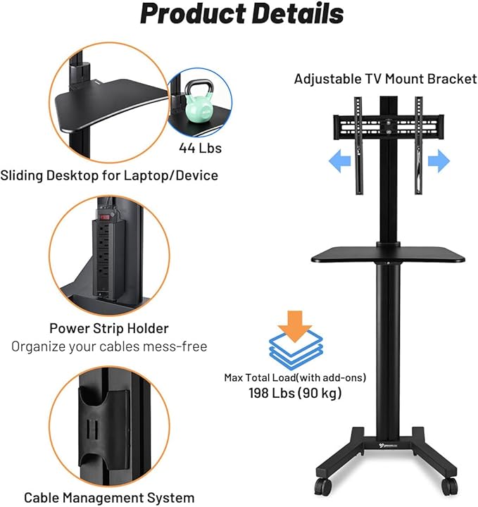 AW Rolling TV Stand Mobile TV Cart Height Adjustable - Image 4