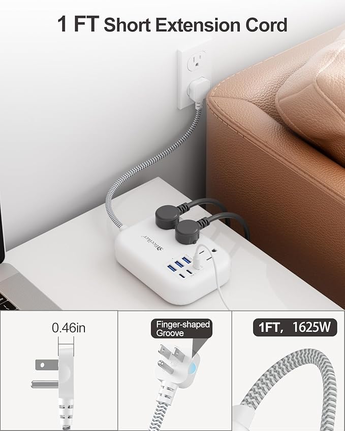 Beeiker Short Extension Cord 1 Ft- 6 USB Travel Power Strip - Image 5