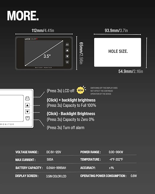 LNEX 500A Battery Monitor with Shunt, 3.5" Color Screen RV Monitor with 16ft - Image 7