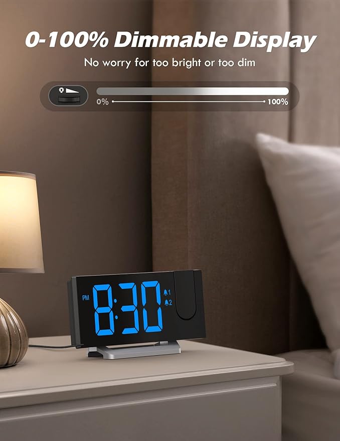 Projection Alarm Clock with FM Radio, USB Charging Port, 0-100% Dimmer - Image 2