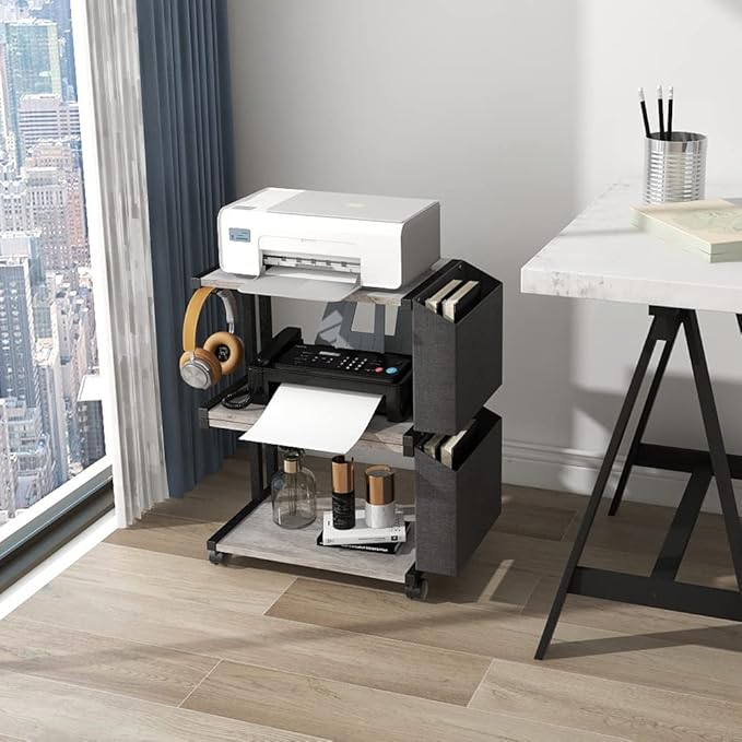 VEDECASA 2 Tier Vintage Greige Wooden Under Desk Printer Stand - Image 4