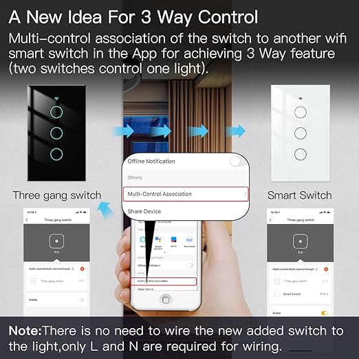MOES 2.4GHz WiFi Wall Touch Smart Switch Neutral Wire Required, 3 Way - Image 3
