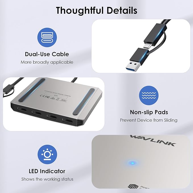 WAVLINK 4-Port HDMI Splitter, USB C to Quad Monitor 4K Adapter, Universal USB A - Image 6
