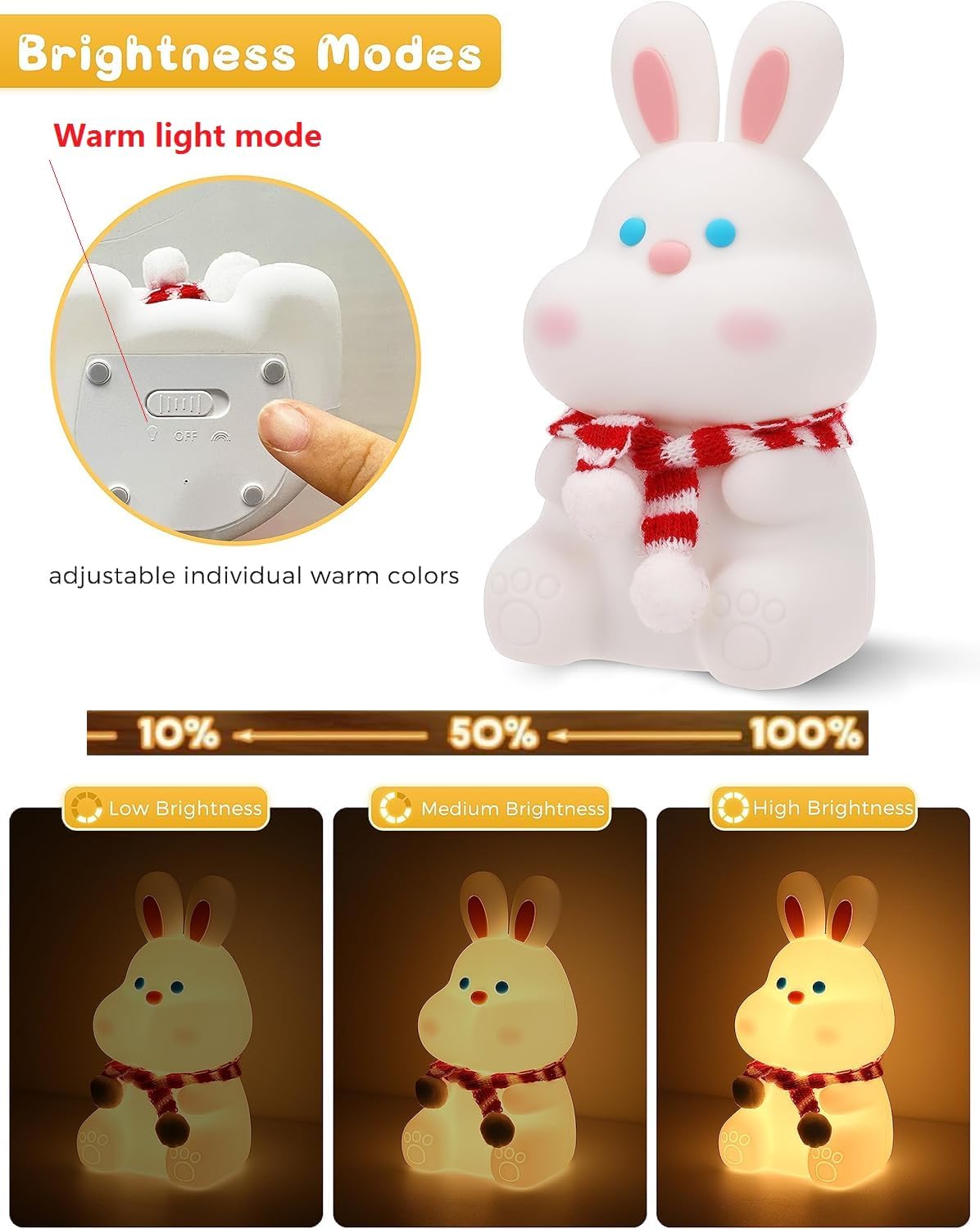Rabbit Night Light for Adults Kids,LED Dimmable Animal Silicone Bunny Lamp Nightlight,Rechargeable BedsideTable Lamp withTouch Sensor 7 Colors,Gifts Decor for Kids Aduts,Bedrooms,Living Room