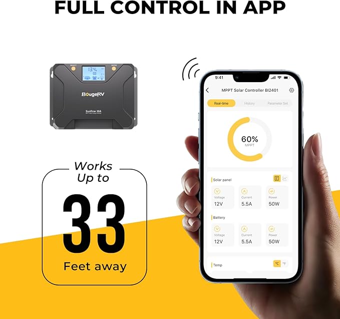 BougeRV MPPT Solar Charge Controller 30A, w/ Low-Temp Cut-Off, APP Control - Image 2