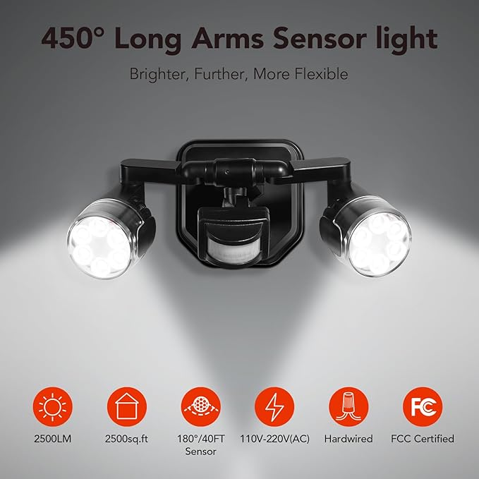 OREiN Outdoor Motion Sensor Security Light, 450° Adjustable 3-Head Floodlight - Image 2