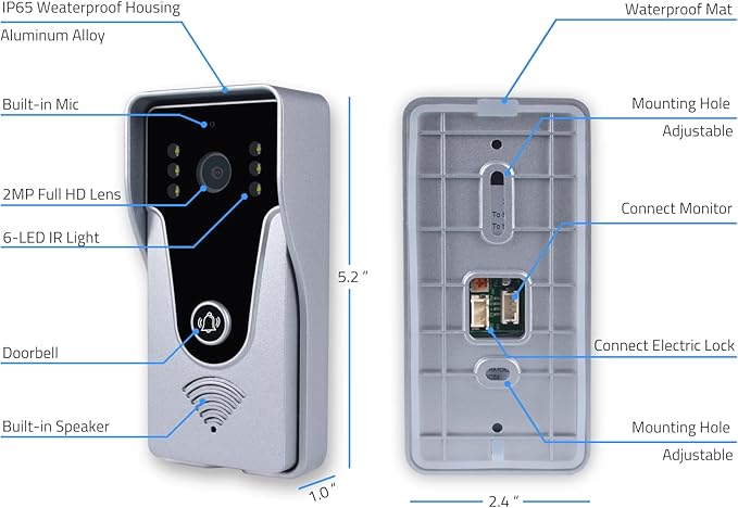 Wired Video Intercom System, 7 Inch Monitor and Aluminum Alloy Doorbell Camera - Image 5