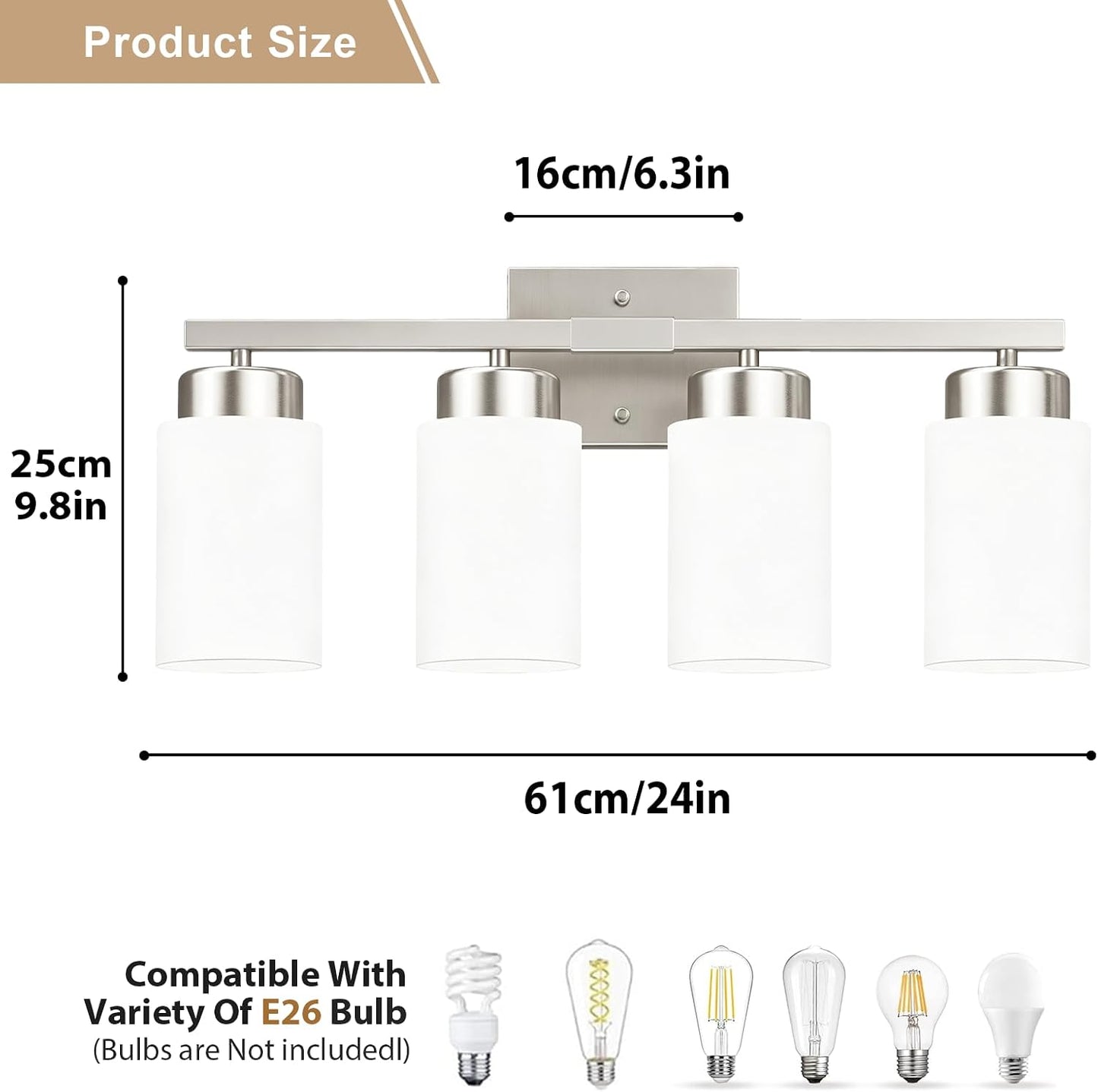 IZORRO Modern Bathroom Light Fixtures, 4 Light Brushed Nickel Vanity Lights, Bathroom Lighting Fixtures Over Mirror with White Glass for Living Room Cabinet Bedroom