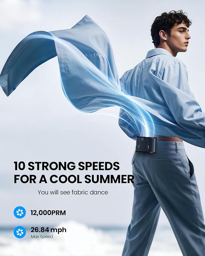 coldSky Portable Waist Fan, Upgraded 10 Speeds Personal Fan Clip On Shirt - Image 3