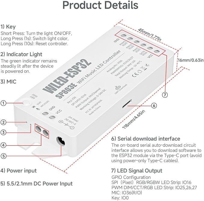 BTF-LIGHTING ESP32 WLED LED Strip Controller SP803E Built-in Mic DIY Dynamic - Image 2