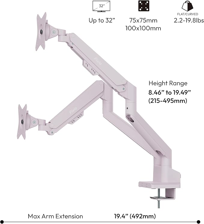 Pixio PS1D Wave Pink Dual Monitor Arm Stand Desk Mount - Image 4