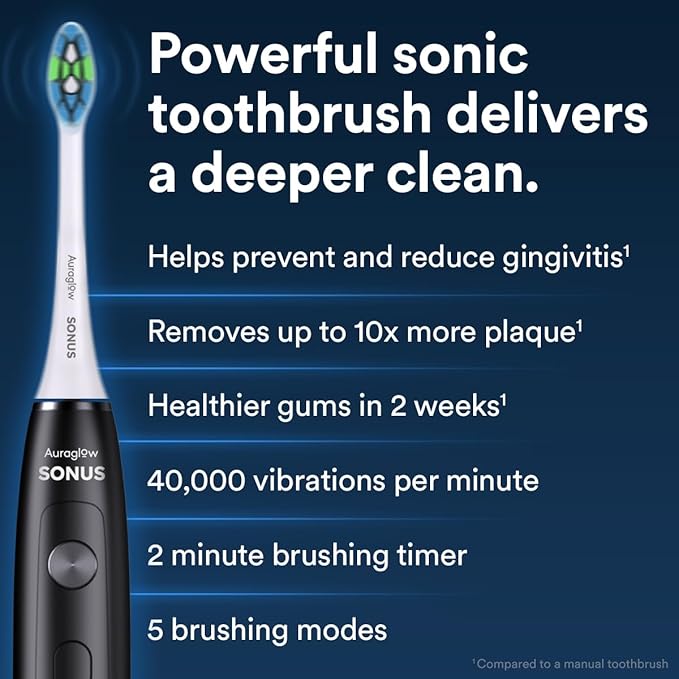 AURAGLOW Sonus Electric Toothbrush, 5 Cleaning Modes, 2 Brush Heads & Travel - Image 2