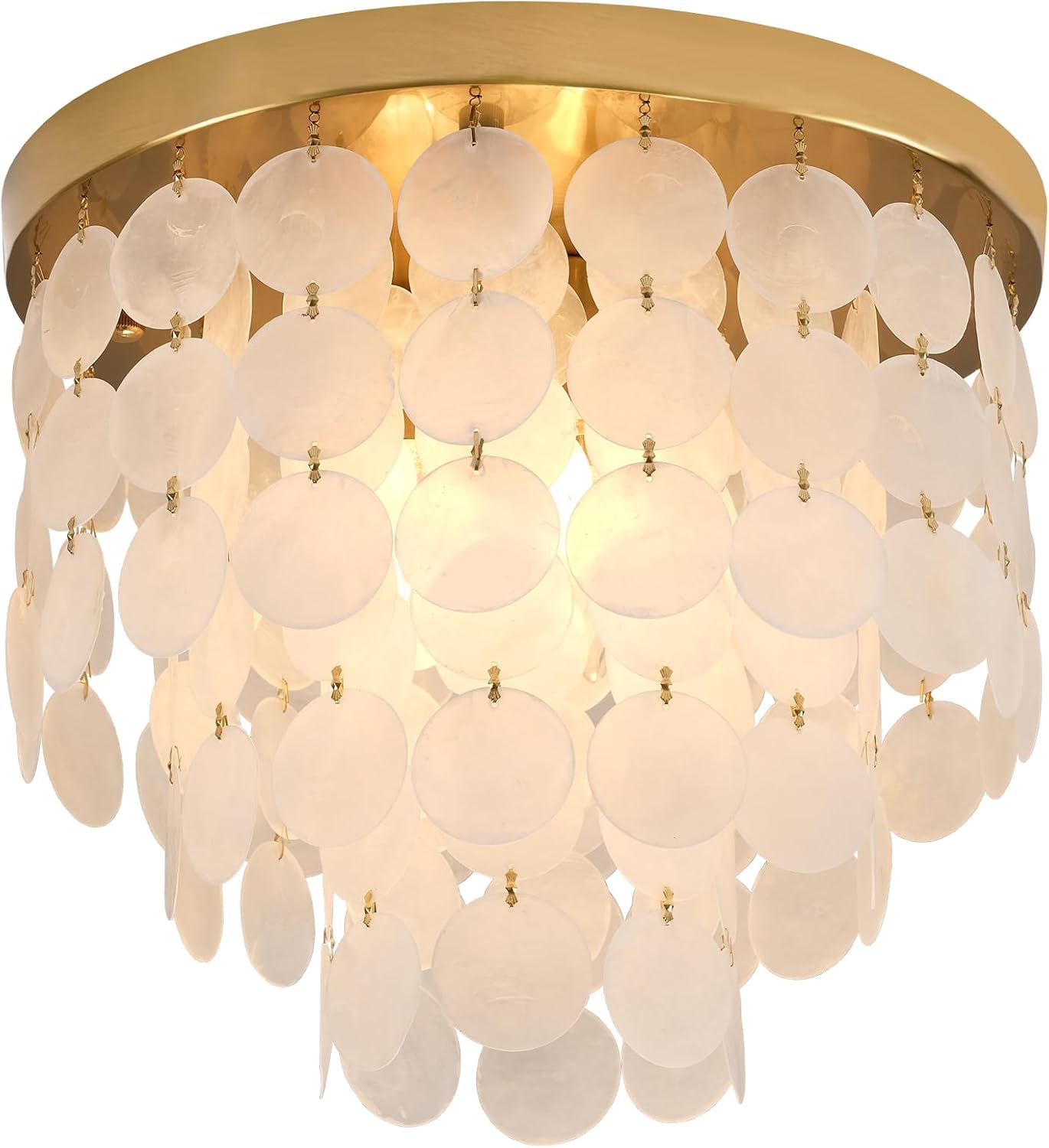 Capiz Shell Chandelier with 3 Tier Shell H12.3'' x D13.8'' Gold Metal Light Fixtures Flush Mount Chandeliers Modern Lighting Fixture for Bedroom Bathroom Office,(More Additional Shell Parts Included)