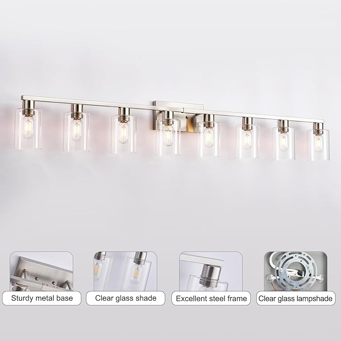 8-Light Brushed Nickel Vanity Light Fixtures, Modern Large Bathroom Light - Image 4