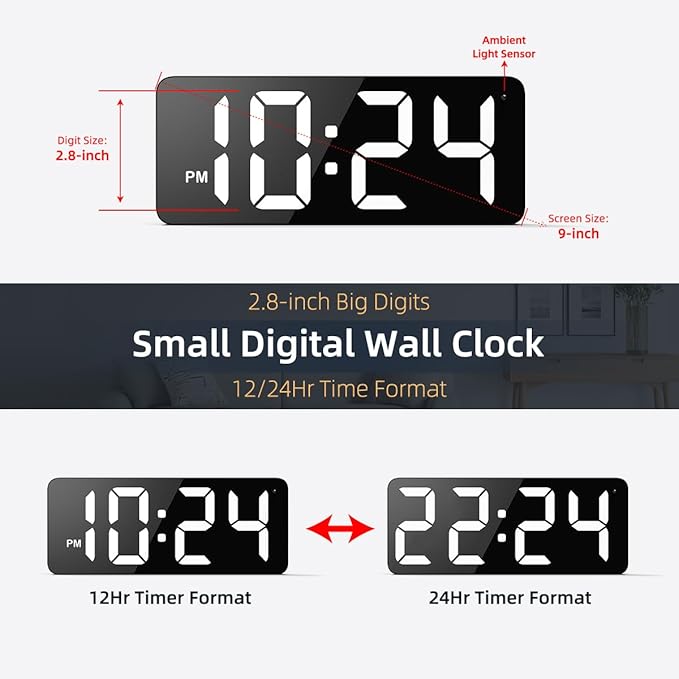 LED Digital Wall Clock with Large Display, Big Digits, Auto-Dimming, 12/24Hr - Image 2