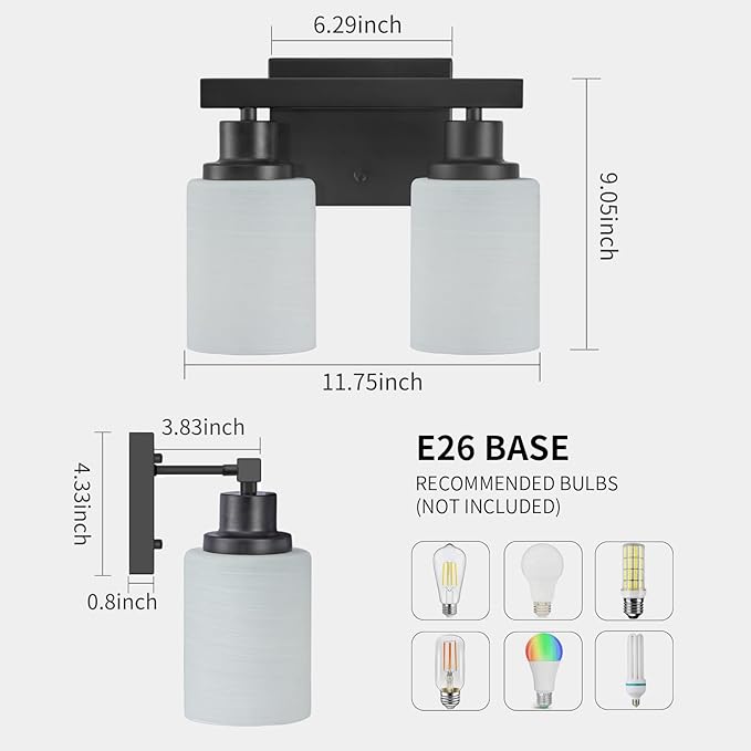 DIKAIDA Bathroom Light Fixtures Over Mirror, 2-Light Modern Matte Black Vanity - Image 3