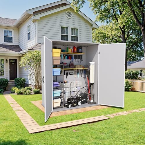 greesum 5x3ft plastic outdoor storage shed with floor, front angle view