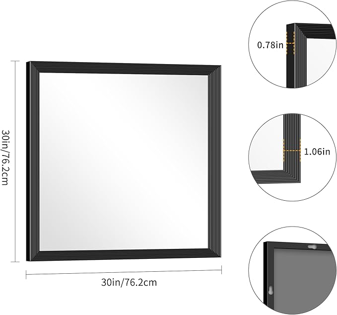 Black Bathroom Mirror 30 x 30 Inch Rectangle Wave Beveled - Image 5