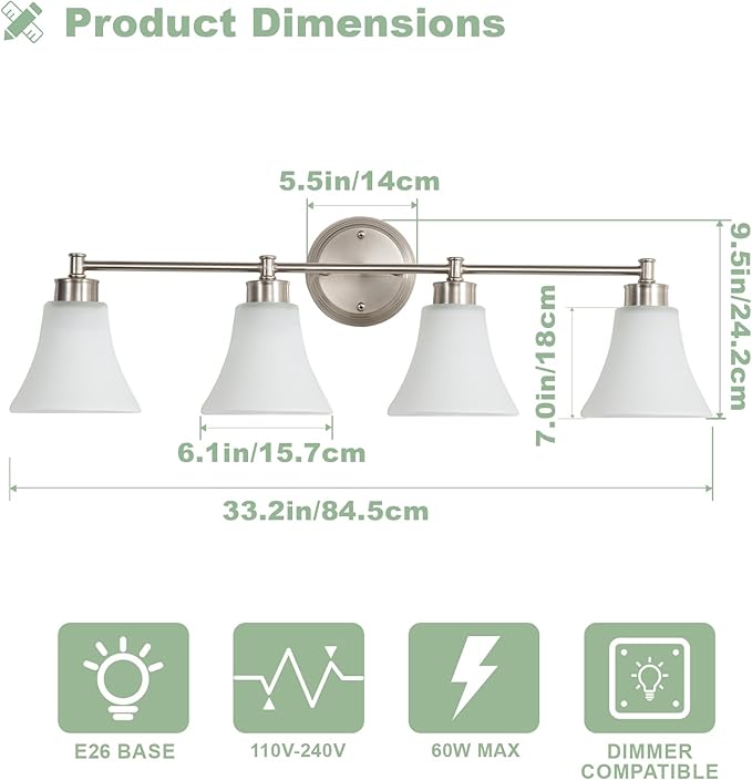 LOUSACE 4 Light Bathroom Vanity Light Brushed Nickel Bathroom Lighting Fixtures - Image 6