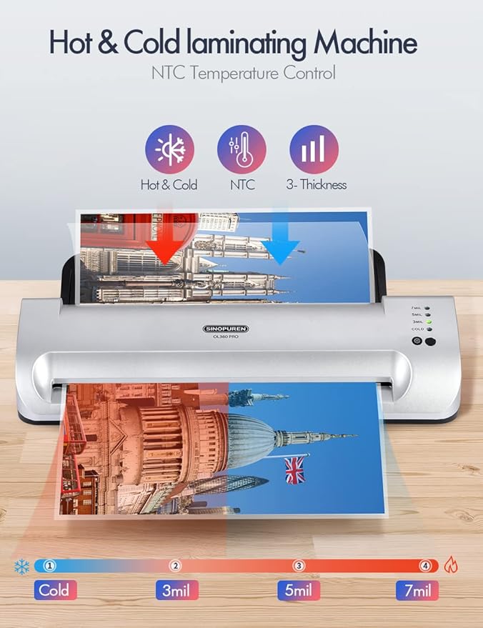SINOPUREN 13-Inch Thermal & Cold Laminator Machine, Quick Warm-Up, 3 Temp - Image 8