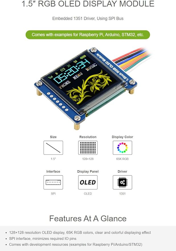 waveshare 1.5inch RGB OLED Display Module 128x128 Pixels 16-bit High Color - Image 2