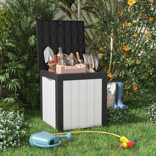 patiozen 50 gallon resin deck box, lockable patio shown in use
