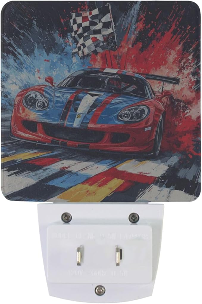 Pigsaly Led Night Light Red Blue Sports Car Checkered Flag Night Light Plug in - Image 2
