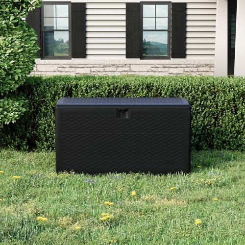 garvee 120 gallon waterproof large resin deck box on a desk or shelf