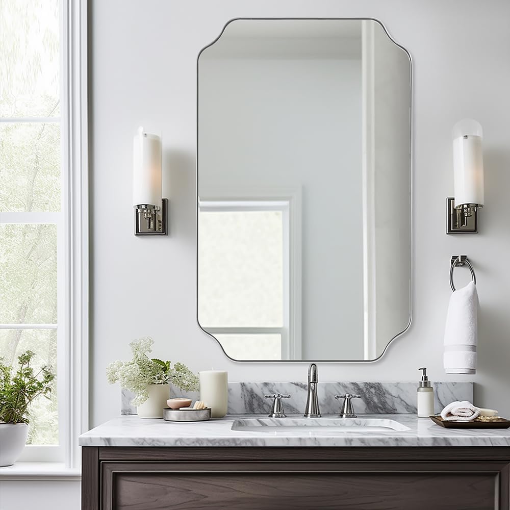 ANDY STAR 26x38 Inch Mirror for Bathroom, Brushed Nickel Scalloped Rectangle