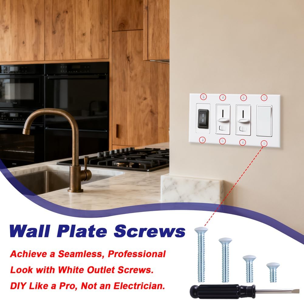 120PCS Wall Plate Screws White, Outlet Cover Screws for Switch Plate, 6/32 Electrical Outlet Screws for Light Switch Plates,Electrical Panel, 4 Sizes (3/8",1/2",3/4",1") Screws Kit w/Free Screwdriver