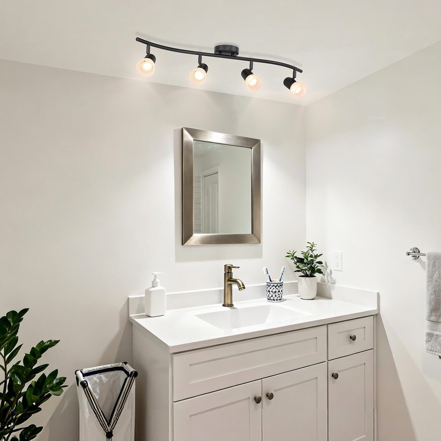 XiNBEi Lighting Black Track Lighting Kit with Glass for Bathroom, 4 Light | Curved Ceiling Spot Light, E26, S-Shaped Bar, Adjustable Head, Ceiling Light Fixture, For Kitchen Sink & Bathroom Hallway