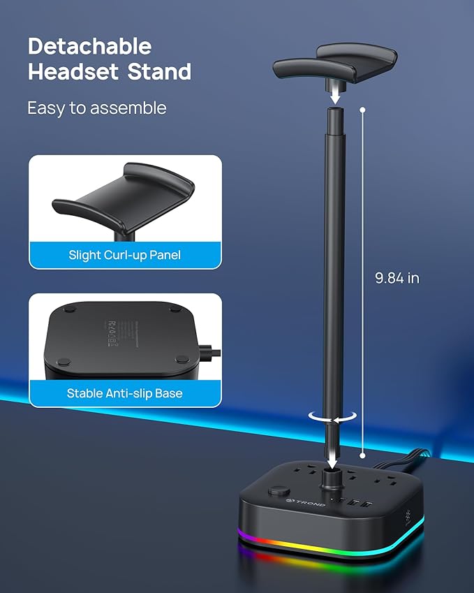 TROND Headphone Stand with USB C, Desk Gaming Headset Holder with 3 AC Outlets - Image 5