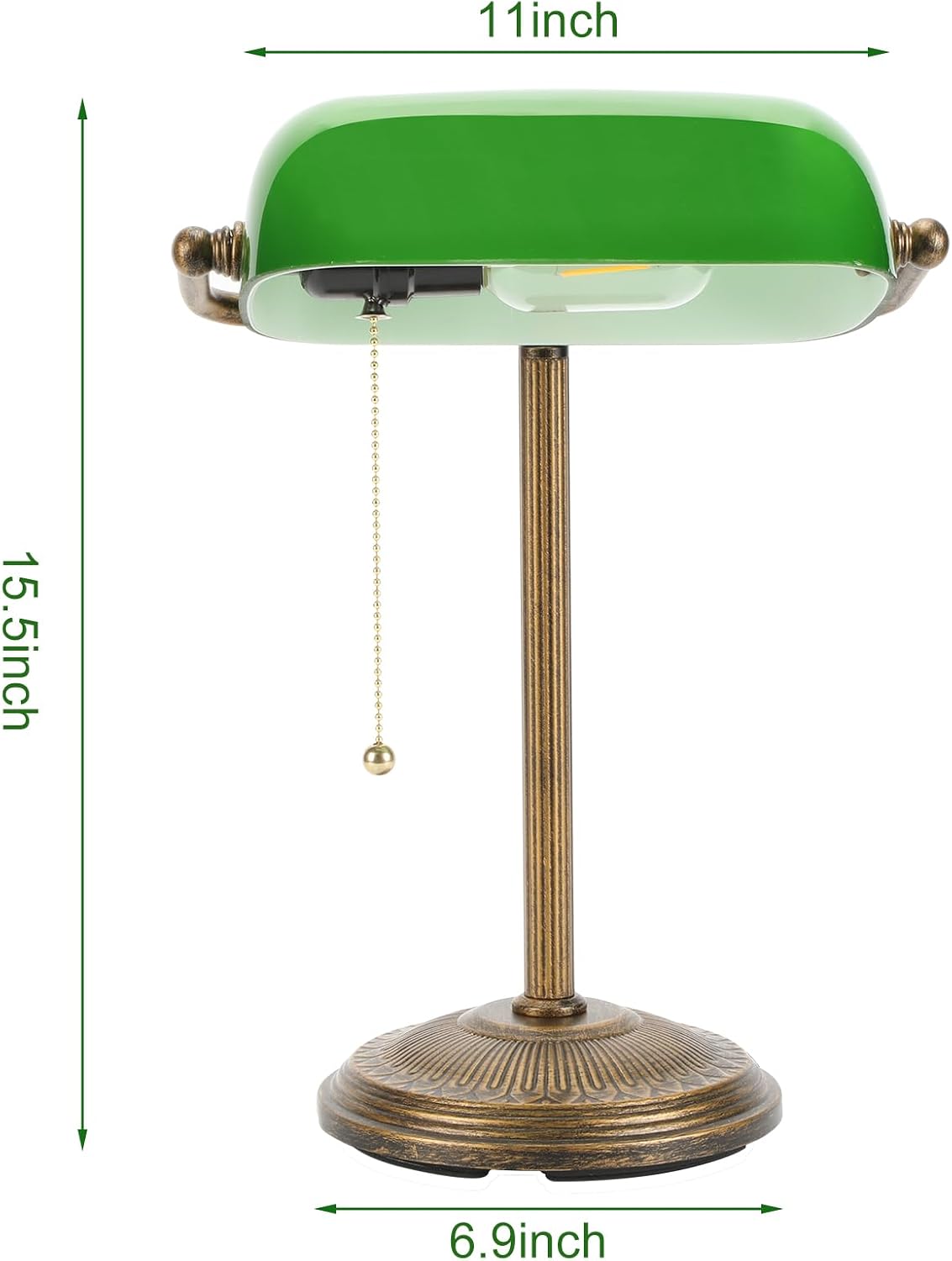 NISSAFORS Bankers Desk Lamp, Green Glass Shade, Vintage Desk Lamp with Pull Chain Switch, Retro Table Lamps for Home Office(Retro Gold+Green, Small)