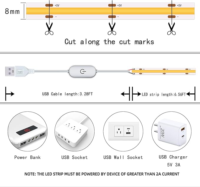 UVTaoYuan Led Strip Lights 5V USB 6.56ft/2m 640 LEDs Touch stepless Dimmable - Image 7
