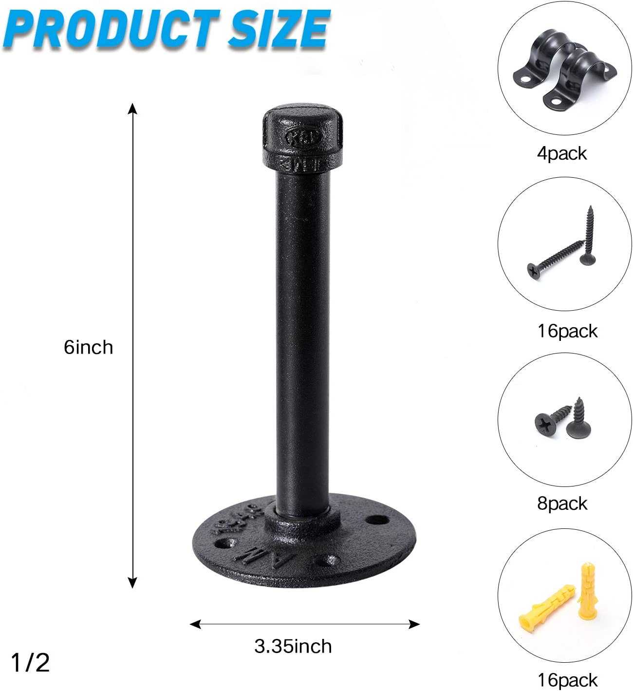 1/2" Industrial Black Iron Pipe Shelf Brackets, Rustic Wall Mounted DIY Shelving Bracket Hanging Custom Pipe Brackets for Floating Shelves (6 Inch, Piece, 4)