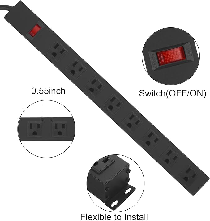 3Pack Metal 8 Outlet Mountable Power Strip, Wall Mount Outlet Heavy Duty - Image 3
