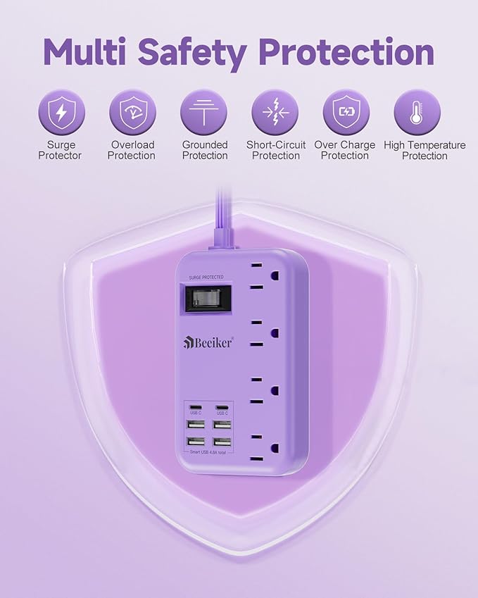 6 USB Purple Travel Power Strip- 5Ft Lavender Extension Cord - Image 5