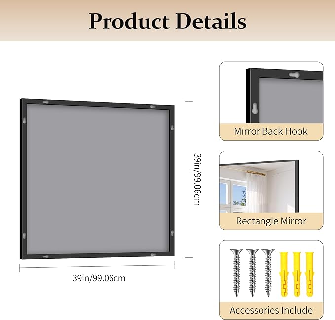 Black Bathroom Mirror for Wall, 39x39 Inch Rectangle Mirror - Image 4